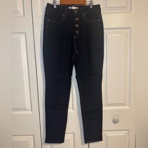 Dark Blue High-Waisted Button-Fly Dark Denim Jeans with Yellow Stitching